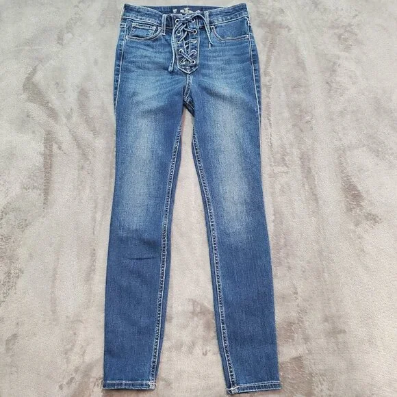 HOLLISTER Jeans Size 00R High Rise Crop Super Skinny Stretch 23x26 Lace Up 90s - Picture 3 of 12
